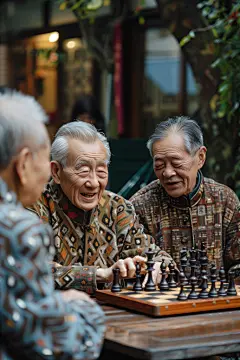 老人相伴户外下棋图片