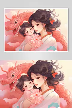 AI数字龙年龙生肖宝宝母亲插画-众图网