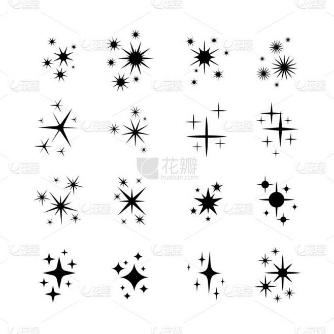 一组星星，闪闪发光的图标。收集明亮的烟花，闪烁，闪闪发光的闪光。发光光效果星和爆裂