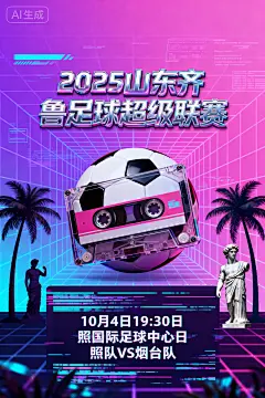 2025山东齐鲁足球超级联赛 10月4日 19:30 日照国际足球中心 日照队VS烟台队,蒸汽波风格海报,霓虹粉紫渐变背景,网格线条与复古电脑故障艺术,主标题用镀铬3D字体,赛事信息以老式CRT显示器文字呈现,足球设计成磁带卷轴造型,棕榈树与希腊雕塑剪影装饰,用于潮流青年群体宣传