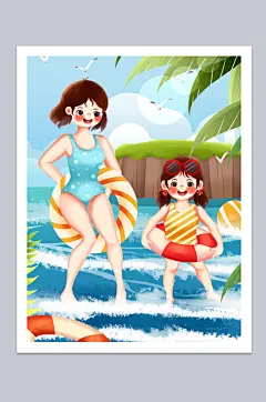 小清新游泳夏季运动人物插画
