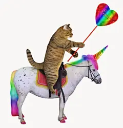 点击来源直接获取大图文件 |The cat with a big crystal heart is riding the real unicorn. White background.