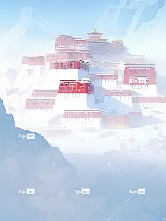 布达拉宫被白色浓雾包围，佛教禅宗平面插图海报