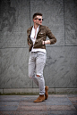 Shop this look for $303:  http://lookastic.com/men/looks/white-longsleeve-shirt-and-grey-skinny-jeans-and-tobacco-desert-boots-and-dark-brown-jacket/3346  — White Longsleeve Shirt  — Grey Ripped Skinny Jeans  — Tobacco Suede Desert Boots  — Dark Brown Sue