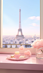 A pink empty tray with flowers on it overlooking paris, in the style of daz3d, anime aesthetic, light and airy, uhd image, salon kei, leica r3, light silver and light pink