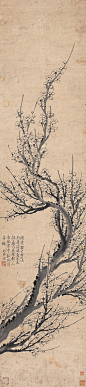 罗聘——《墨梅》立轴欣赏  |  
清|罗聘(1733-1799)，"扬州八怪"之一。字遯夫，号两峰，又号衣云、花之寺僧、金牛山人、师莲老人等。祖籍安徽歙县，后迁扬州。为金农入室弟子，人物、佛像、山水、花果、梅、兰、竹等，无所不工，笔调奇创，超逸不群，别具一格。妻方婉仪，字白莲，亦擅画梅兰竹石，并工于诗。子允绍、允缵，均善画梅，人称"罗家梅派"。