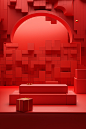 3d rendering of a red room with gifts and boxes, in the style of sculptural and geometric, relief, neo-mosaic, kodak vision3, minimalistic compositions, bentwood, nightscapes