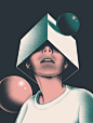 Woman with a cube on top of her head :  A simple illustration inspired by the aesthetics of 60s-70s sci-fi genre