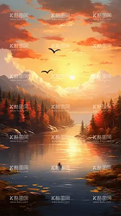落霞  - 源文件下载【酷图网】AI,插画,插图,壁纸,头像,背景,彩绘,色彩,画报,景物,虚拟,梦幻,美景,风景,风光,湖,湖水,水光山色,树,草,花,远山,水面,波光粼粼,浮萍,船,水,鸟,飞鸟,晚霞,落霞,云,天