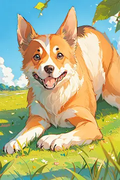 corgi,dog柯基清新漫画风，蓝天白云可爱小狗，自然ai绘图@StableDiffusion