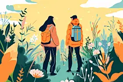 扁平风旅游手绘踏青插画