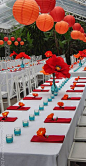 Paper flower  tropical wedding. White table cloth, red napkin, turquiose accent and center is 1 big dramatic flower! This could be right on for our event!