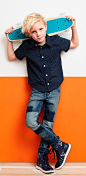 Boys' fashion | Kids' clothes | Patched jeans | Printed button-down top | Hi-top jet sneakers | The Children's Place