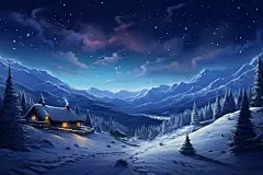 星夜星空中的梦幻雪景插画