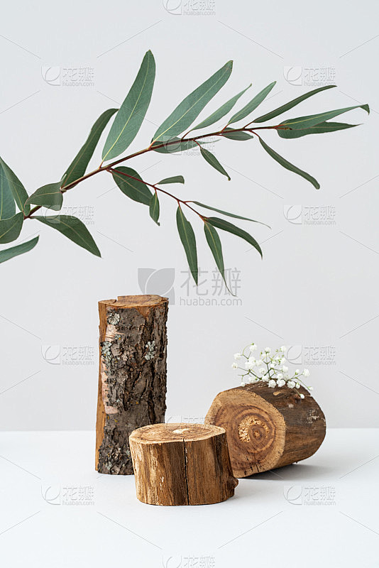 为产品广告设计的木制平台，以桉树树枝和花朵为灰色背景。空荡荡的橱窗和绿叶。生态水疗和美容展示模型。天