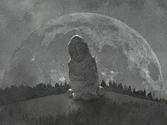 Fragment of the Illustration &quot;Sacred night&quot;. In the center of the composition is the stone baba is an archaic sacred stele of the Polovtsians (Kipchaks) typical of the 9th-13th centuries.
