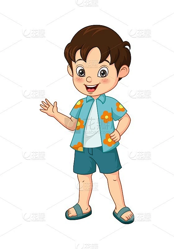 卡通小男孩在夏装里挥手素材-花瓣网