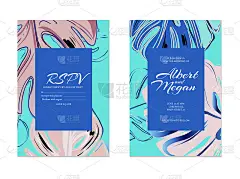 Blue, rose, green monstera greeting card. Vector i