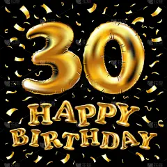 矢量生日快乐30rd 庆祝金气球和金色五彩纸屑闪闪发光。3d. 三十30年的贺卡、请柬和庆典晚会的插