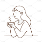 年轻女子用一杯热咖啡，手绘线条艺术风格矢量插图。