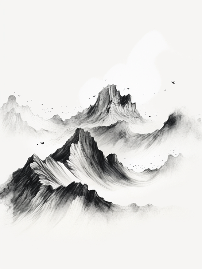 极简主义山水插图，水墨山脉由不同的线条组...