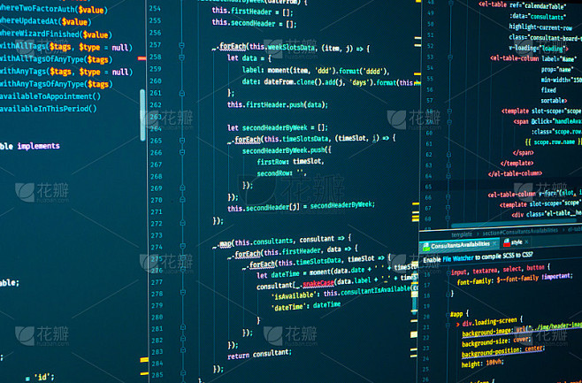 Javascript源代码开发代码。用于软件开发的脚本语言。数字java代码和markuÐ·屏幕上分