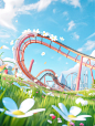 3D modeling poster, an oversized roller coaster rushing out of the scene, super perspective, empty seats on the car, through the grass, cartoon buildings in the background, light blue sky, white clouds, c4d, oc renderer, high definition, 8k