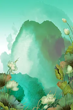 水墨绿色高端大气创意古典水彩背景