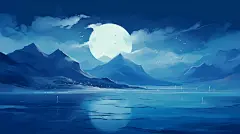 山水治愈唯美中秋满月插画壁纸月亮唯美夜景蓝色夜空山水风景