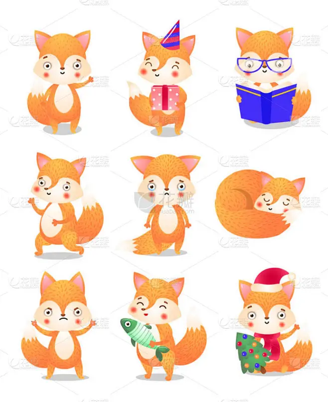 可爱的小狐狸在行动集。平面卡通风格的栅格插图-花瓣网