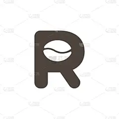 咖啡店标志。字母R，里面有负空间咖啡图标。矢量设计模板