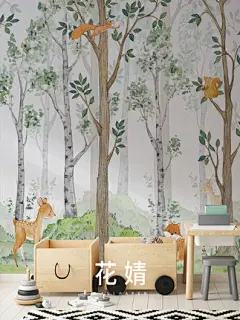 北欧墙布手绘动物森林儿童房壁纸无缝墙纸男孩女孩卧室背景墙壁画