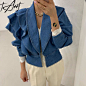 Tannt Women Shirt Long Sleeves Irregular Ruffles Denim Blouse Tops Asymmetry Blue Casual Vintage Summer Shirt Women 2023 New