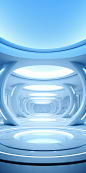 Futuristic space, images with lighting and circular installations, light white and light blue styles, clear edge definitions, rectangular fields, minimalism