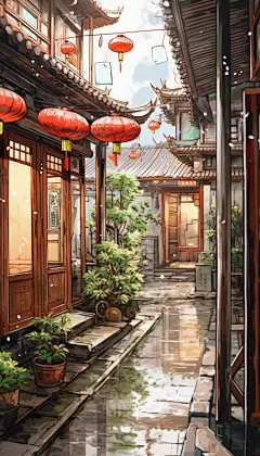 雨季中的古典园林24节气雨水插画