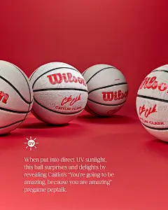 Photo shared by Wilson Basketball on June 16, 2025 tagging @indianafever. 可能是包含下列内容的图片：篮球、球、海报、篮板、运动器材、杂志、篮球场和上面的文字是“MEANTA 1 Wildon ctyl n4 Wils 1eoc UV kieh ATLIM CLARK When put into direct UV sunlight, this ball surprises and delights by revealing Cait