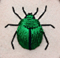 Stumpwork beetle (green june bug - Cotinus nitida) inspired by the work of Jane Nicholas and Di van Niekerk.: 