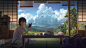 Anime 2304x1296 reading books drink barefoot clouds writing anime girls