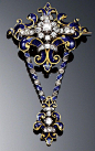 GOLD, ENAMEL AND DIAMOND BROOCH/PENDANT, 1860S. Of open work scroll design, decorated with blue enamel, set to the centre with a cluster of circular-cut diamonds continuing to a pendant drop of similar design, suspended from blue enamel rope work bars hig