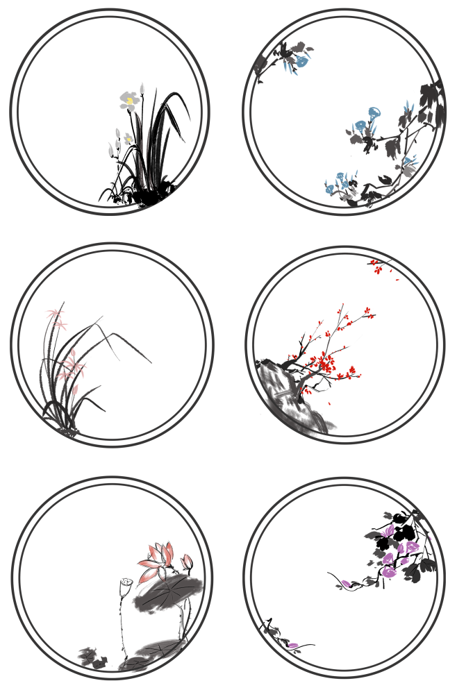 水墨古风圆形花卉边框