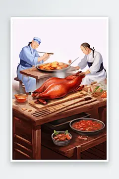 AI数字艺术美味北京烤鸭美食制作元素插画-众图网