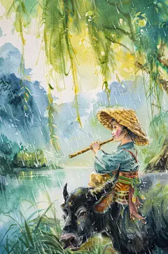 AI数字艺术清明节中国风牧童插画