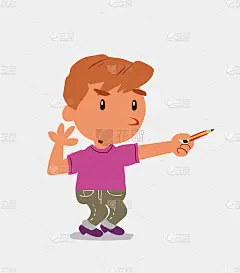 卡通人物小男孩在牛仔裤上疑惑的一边用铅笔指着一边