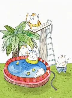 夏日的猫咪-annie.Z_手绘,猫咪,动物,萌物,小清新,水彩_涂鸦王国插画
