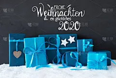 绿松石礼物，雪，Glueckliches 2020意味着快乐2020，黑色背景