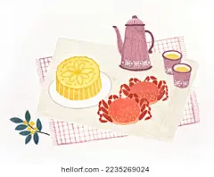 中秋节赏月美食手绘插画