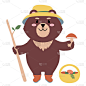 矢量插图的一个可爱的卡通泰迪熊与手杖，一个蘑菇和一个篮子。