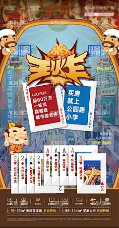 斗地主创意电梯门海报  - 源文件下载【酷图网】海报,房地产,双学区,斗地主,王炸,创意,卖点,价值点,