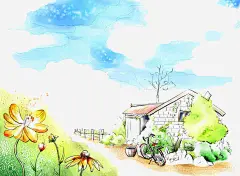 乡下的风景高清素材 单车 大树 房屋 手绘 树木 绿色 花儿 草地 野花 风景 免抠png 设计图片 免费下载