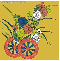 黄色背景上的插画绿叶和菊花以及车轮背景素材|插画绿叶|车轮|底纹|花朵|黄色背景|菊花|矢量素材|简单背景背景素材|插画背景背景素材|晶莹闪亮背景背景素材|银行背景素材背景
